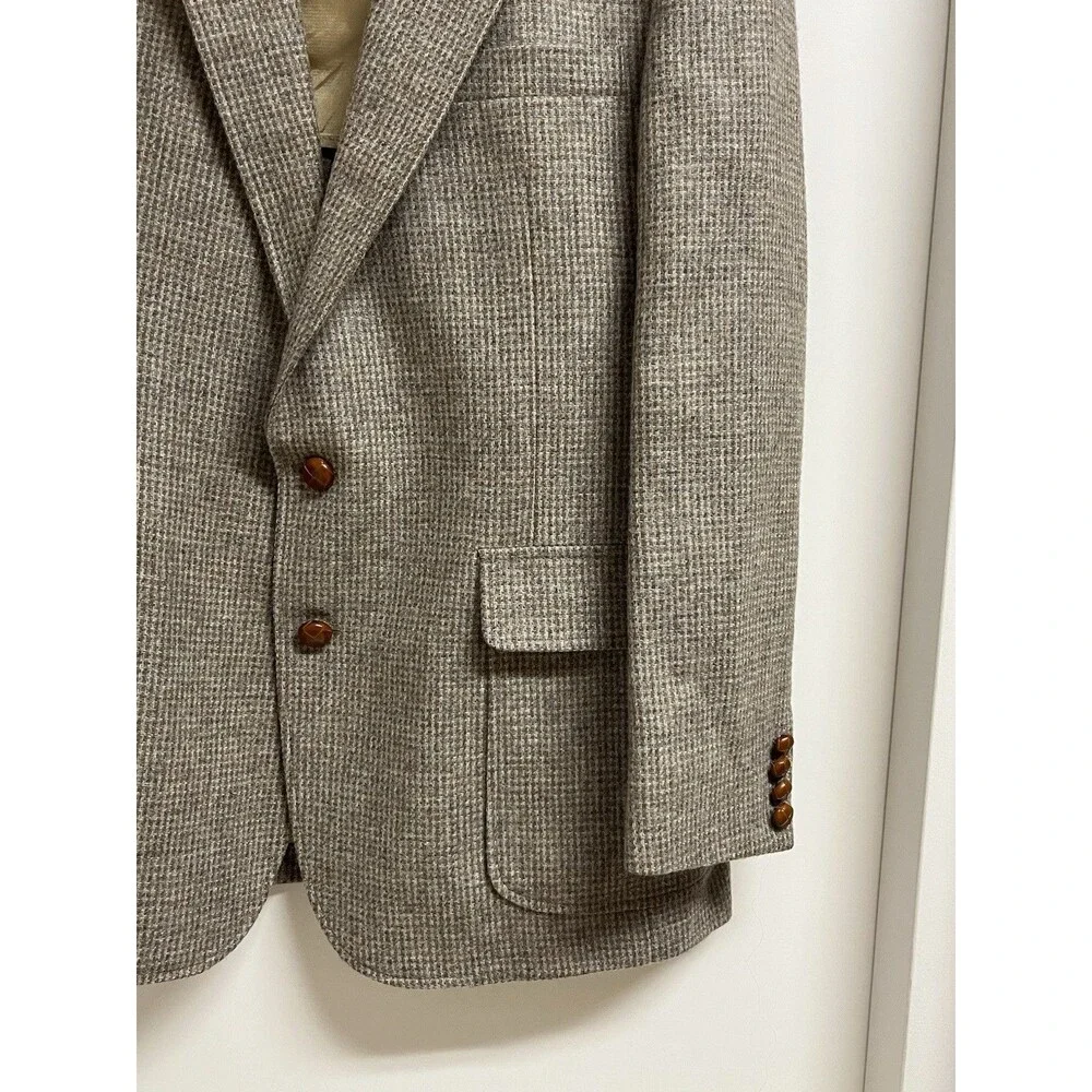 Vintage Imperial by Haggar Wool Tweed Blazer Tan Leather Button Jacket 44R USA